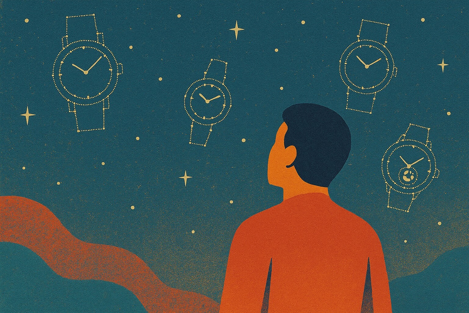 A grain-textured digital illustration of a person gazing at a starry night sky where constellations form the shapes of wristwatches, symbolizing the connection between time and the cosmos.